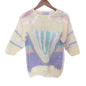 VTG Le Pull-Over Women Small 80s Pastel Knit Sweater Metallic Lurex Cream Korea